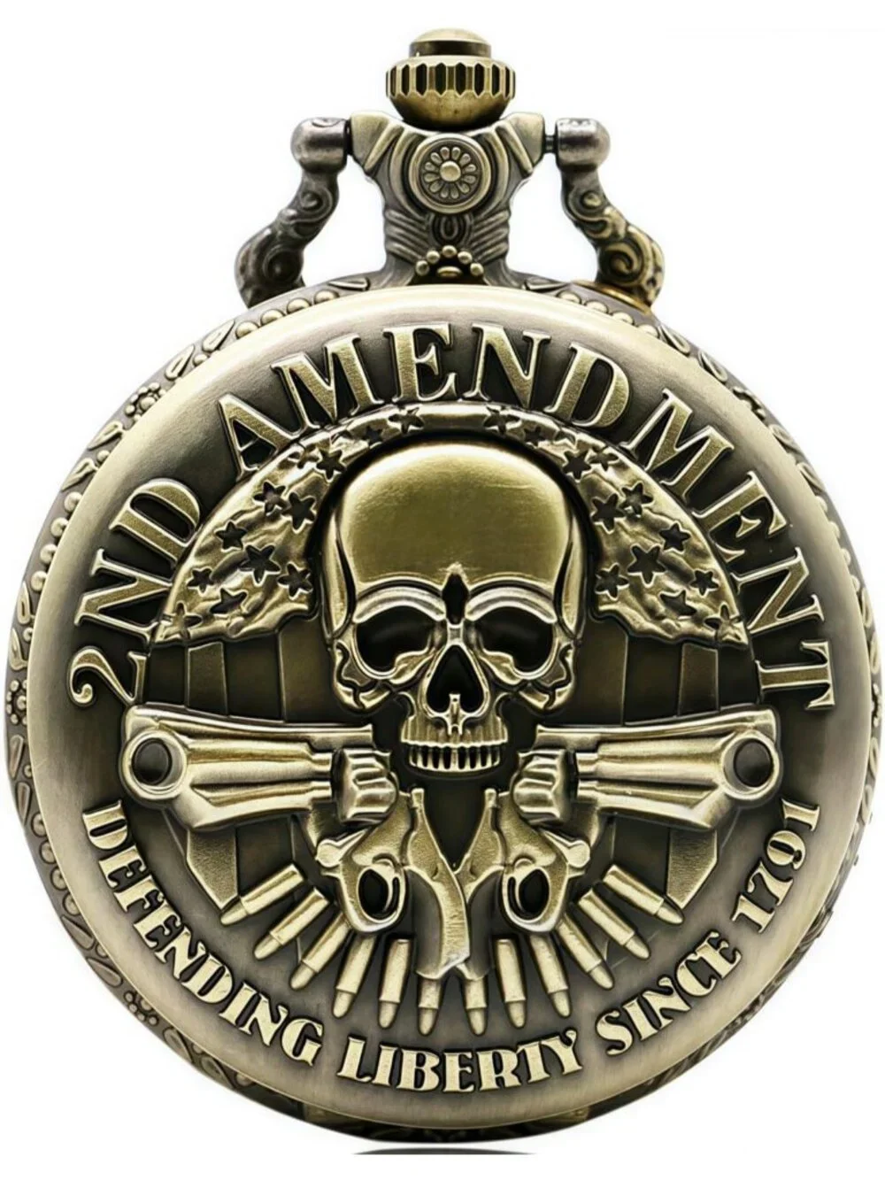 Men's Brown Engraved Cowboys Arabic Numerals Skull Bronze Chain Pocket Watch